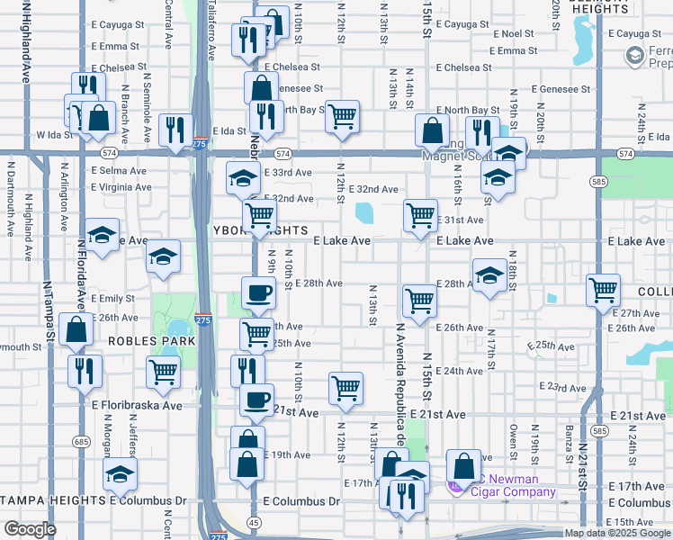 map of restaurants, bars, coffee shops, grocery stores, and more near 3504 North 12th Street in Tampa