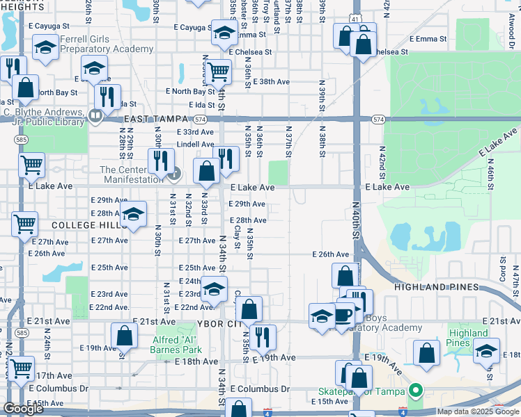 map of restaurants, bars, coffee shops, grocery stores, and more near 3501 East 29th Avenue in Tampa