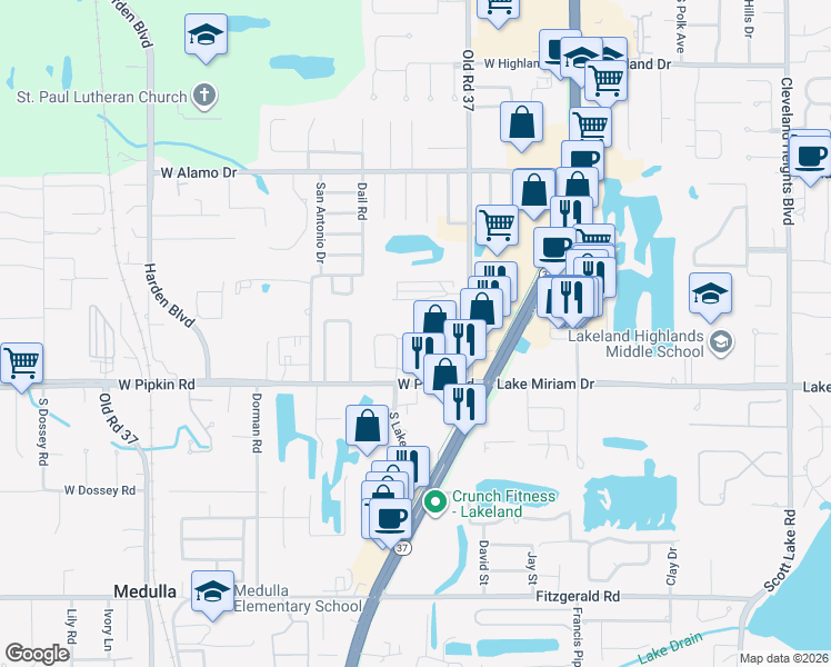 map of restaurants, bars, coffee shops, grocery stores, and more near 439 Market Square East in Lakeland