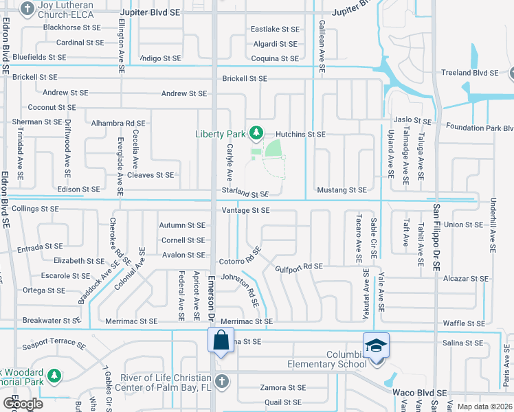 map of restaurants, bars, coffee shops, grocery stores, and more near 927 Vantage Street Southeast in Palm Bay