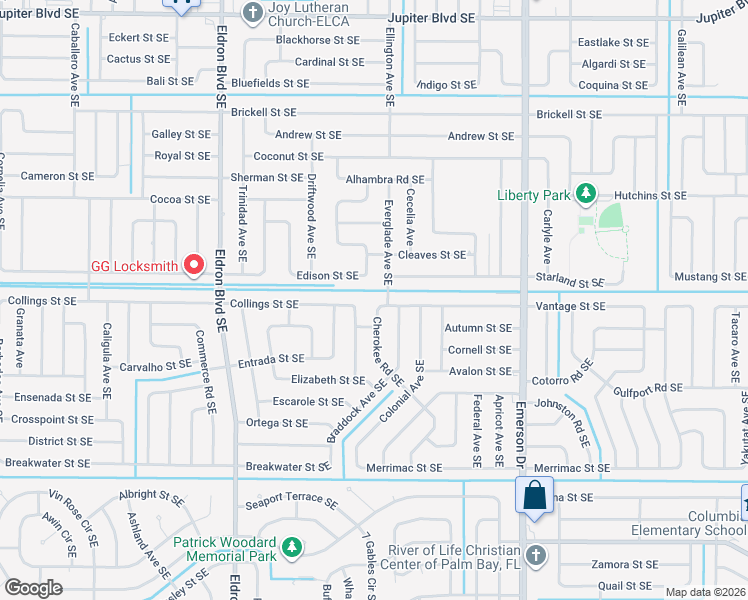map of restaurants, bars, coffee shops, grocery stores, and more near 601 Vantage Street Southeast in Palm Bay