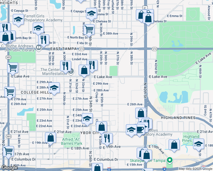 map of restaurants, bars, coffee shops, grocery stores, and more near 3501 East 29th Avenue in Tampa