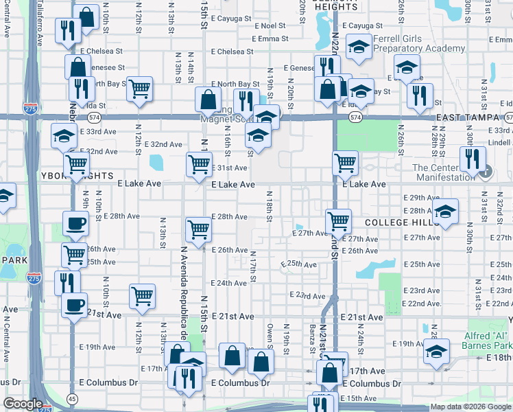 map of restaurants, bars, coffee shops, grocery stores, and more near 1611 East 29th Avenue in Tampa