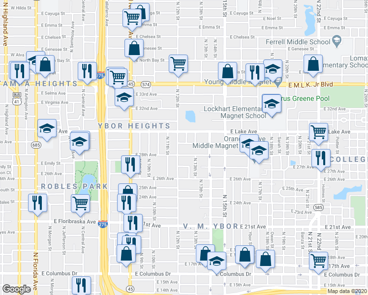 map of restaurants, bars, coffee shops, grocery stores, and more near 1215 East 29th Avenue in Tampa