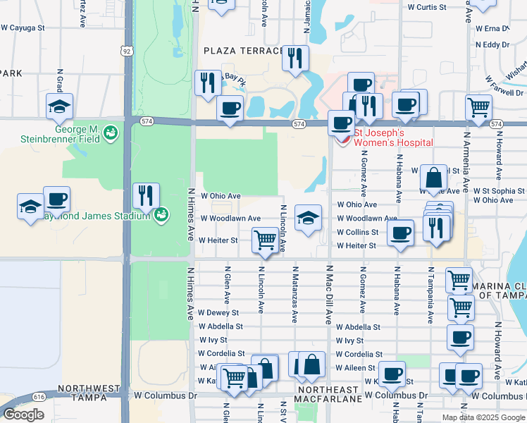 map of restaurants, bars, coffee shops, grocery stores, and more near 3321 West Woodlawn Avenue in Tampa