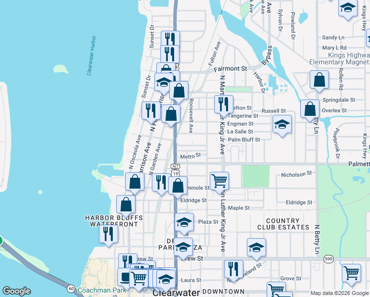 map of restaurants, bars, coffee shops, grocery stores, and more near 802 Jurgens Street in Clearwater