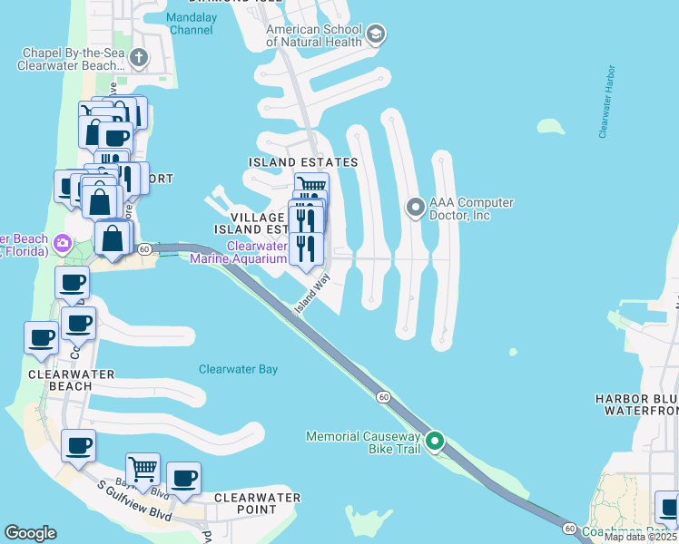 map of restaurants, bars, coffee shops, grocery stores, and more near 20 Island Way in Clearwater