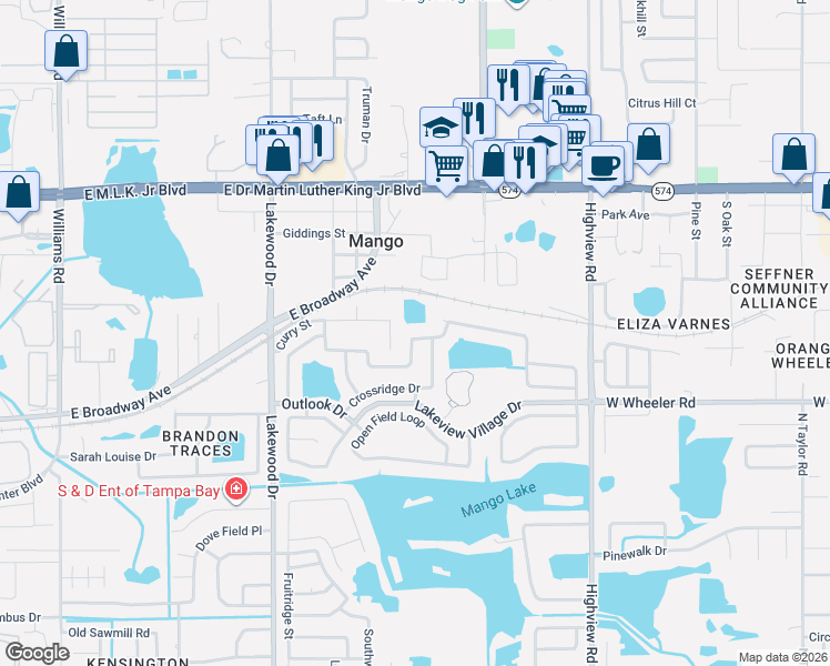 map of restaurants, bars, coffee shops, grocery stores, and more near 1614 Palm Leaf Drive in Brandon