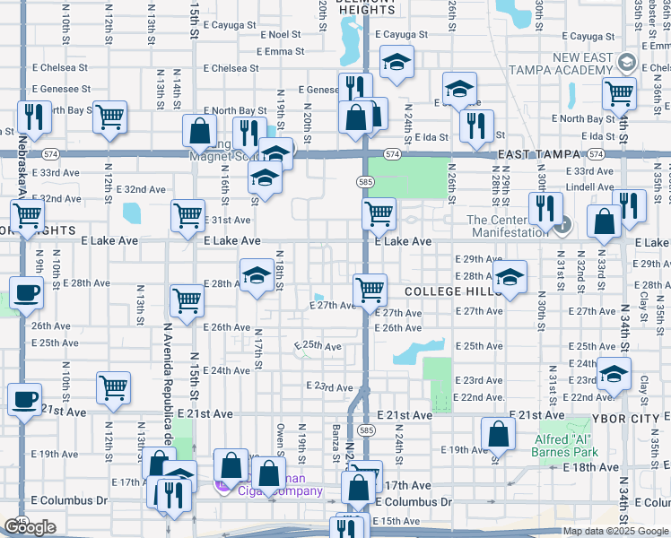 map of restaurants, bars, coffee shops, grocery stores, and more near 3515 North 21st Street in Tampa
