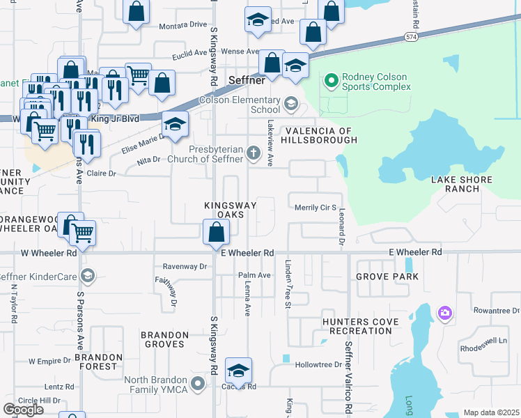 map of restaurants, bars, coffee shops, grocery stores, and more near 2108 Darlington Drive in Seffner