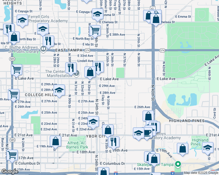 map of restaurants, bars, coffee shops, grocery stores, and more near 3501 East 29th Avenue in Tampa