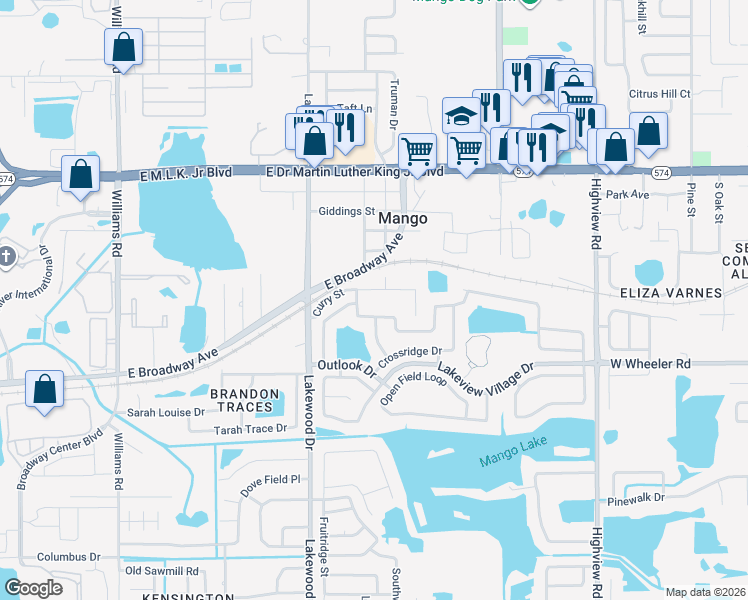 map of restaurants, bars, coffee shops, grocery stores, and more near 1690 Palm Leaf Drive in Brandon
