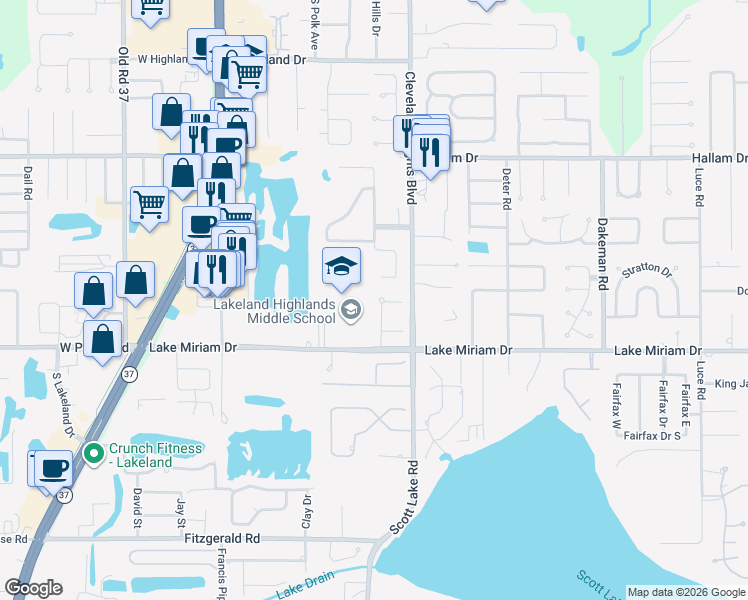 map of restaurants, bars, coffee shops, grocery stores, and more near 4910 Liberty Lane in Lakeland
