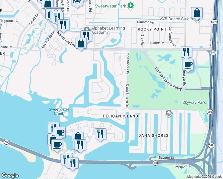 map of restaurants, bars, coffee shops, grocery stores, and more near 4157 Saltwater Boulevard in Tampa