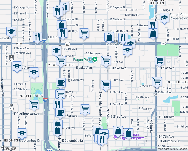 map of restaurants, bars, coffee shops, grocery stores, and more near 1215 East 29th Avenue in Tampa