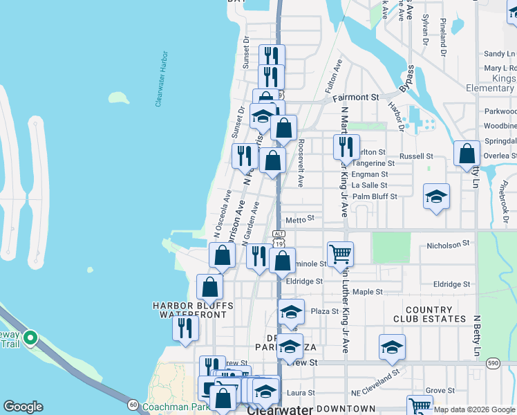map of restaurants, bars, coffee shops, grocery stores, and more near 1013 North Garden Avenue in Clearwater