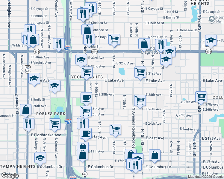 map of restaurants, bars, coffee shops, grocery stores, and more near 3506 North 12th Street in Tampa