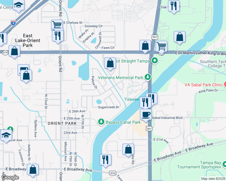 map of restaurants, bars, coffee shops, grocery stores, and more near 3510 Beechwood Boulevard in Tampa