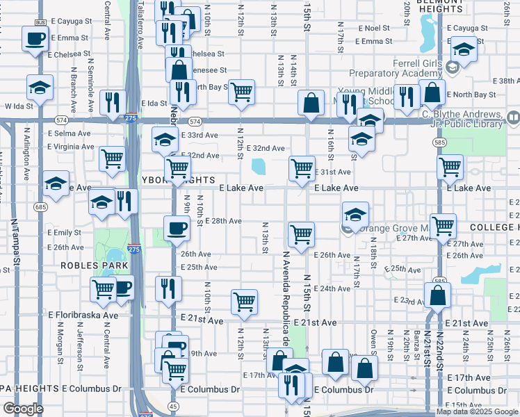 map of restaurants, bars, coffee shops, grocery stores, and more near 1215 East 29th Avenue in Tampa