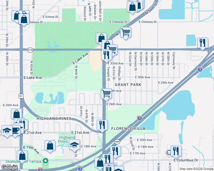 map of restaurants, bars, coffee shops, grocery stores, and more near 3612 Temple Street in Tampa