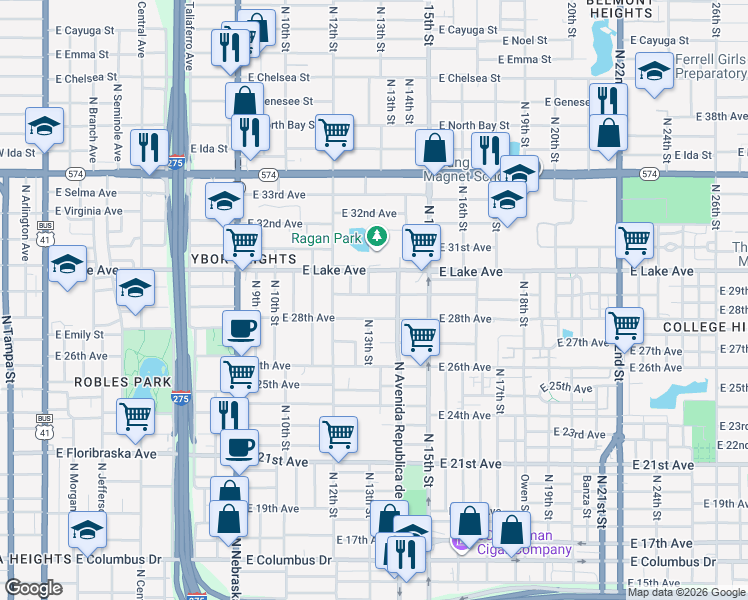 map of restaurants, bars, coffee shops, grocery stores, and more near 1215 East 29th Avenue in Tampa
