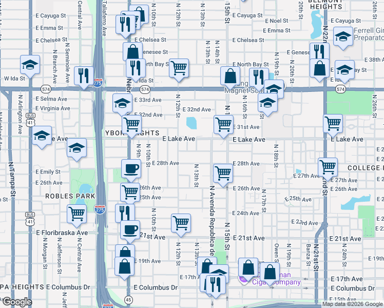 map of restaurants, bars, coffee shops, grocery stores, and more near 1215 East 29th Avenue in Tampa