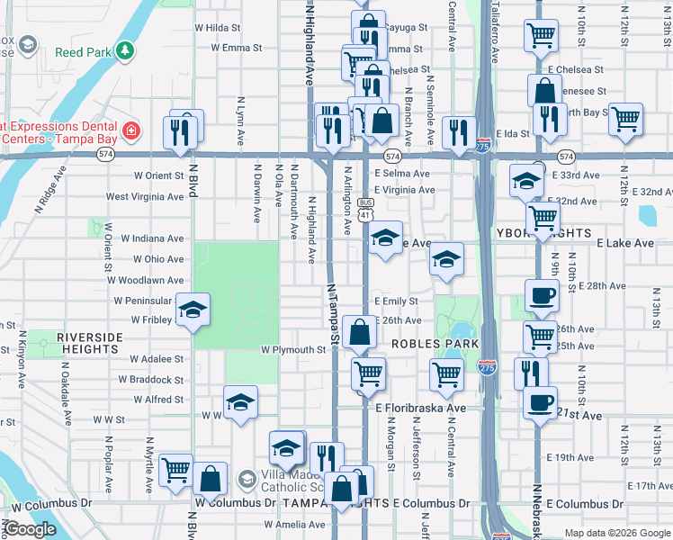 map of restaurants, bars, coffee shops, grocery stores, and more near 3505 North Tampa Street in Tampa
