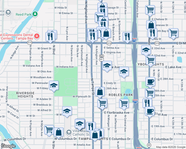 map of restaurants, bars, coffee shops, grocery stores, and more near 3505 North Tampa Street in Tampa