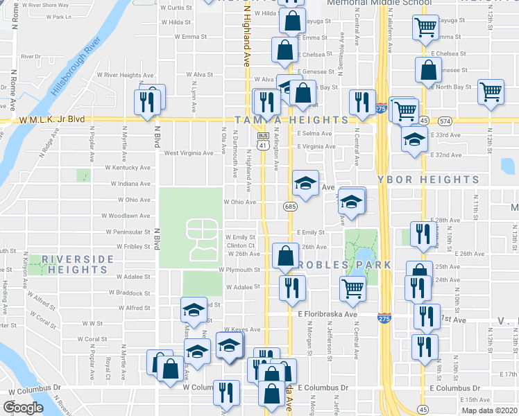 map of restaurants, bars, coffee shops, grocery stores, and more near 3505 North Tampa Street in Tampa
