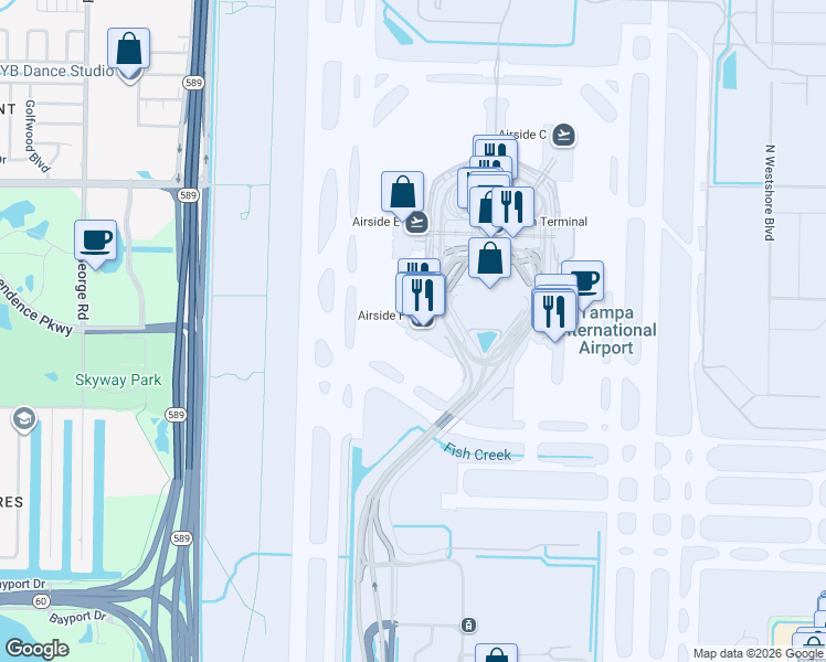 map of restaurants, bars, coffee shops, grocery stores, and more near 4100 George J Bean Parkway in Tampa