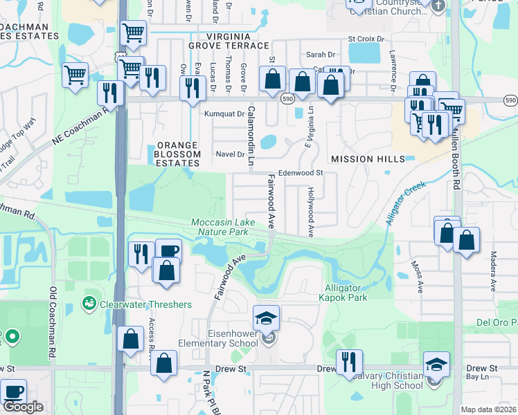 map of restaurants, bars, coffee shops, grocery stores, and more near 1100 Fairwood Avenue in Clearwater