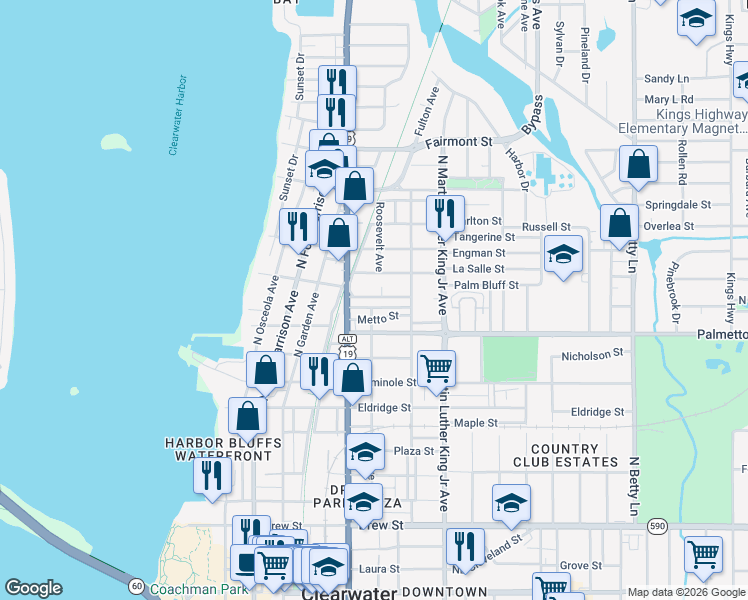map of restaurants, bars, coffee shops, grocery stores, and more near 802 Jurgens Street in Clearwater