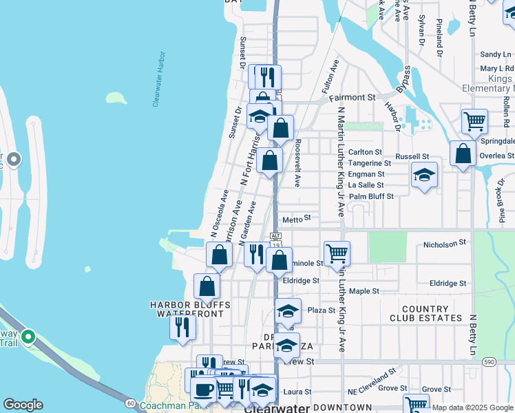 map of restaurants, bars, coffee shops, grocery stores, and more near 1011 North Garden Avenue in Clearwater