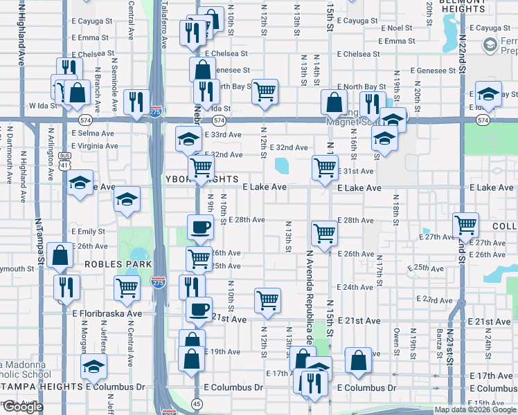 map of restaurants, bars, coffee shops, grocery stores, and more near 3504 North 12th Street in Tampa