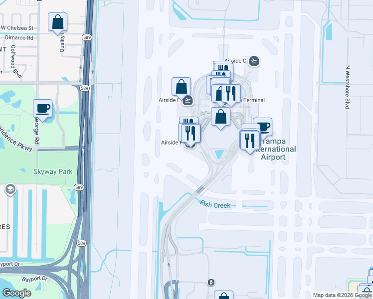 map of restaurants, bars, coffee shops, grocery stores, and more near 4100 George J Bean Parkway in Tampa