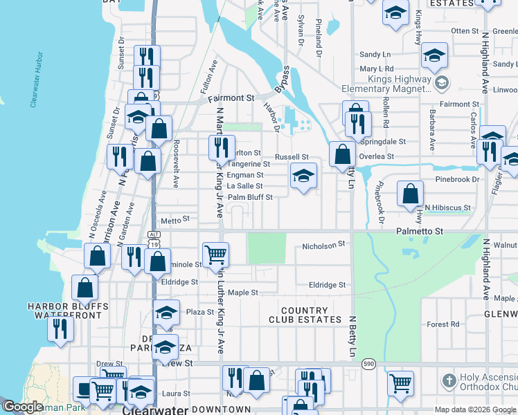 map of restaurants, bars, coffee shops, grocery stores, and more near 1034 North Madison Avenue in Clearwater