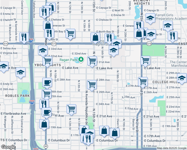 map of restaurants, bars, coffee shops, grocery stores, and more near 3512 North 15th Street in Tampa