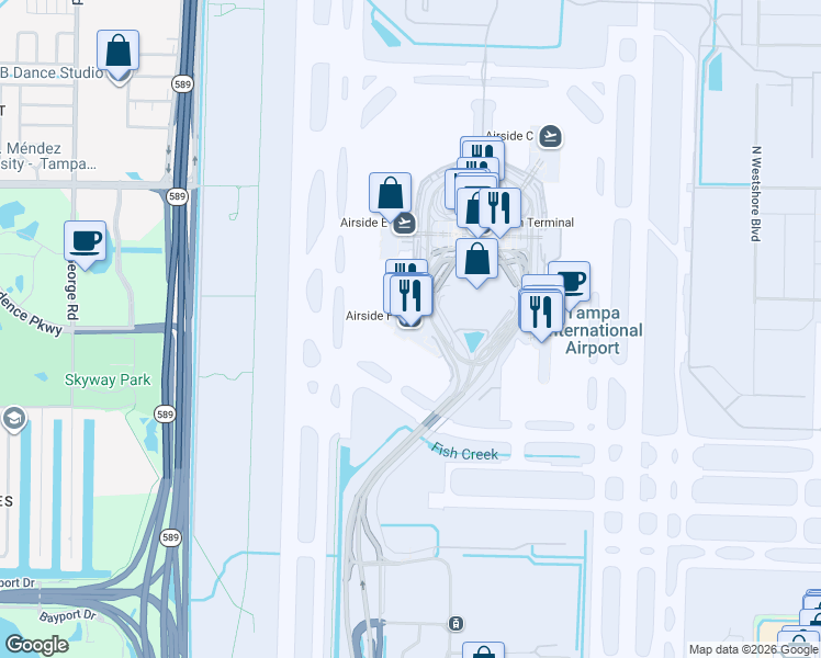 map of restaurants, bars, coffee shops, grocery stores, and more near 4100 George J Bean Parkway in Tampa