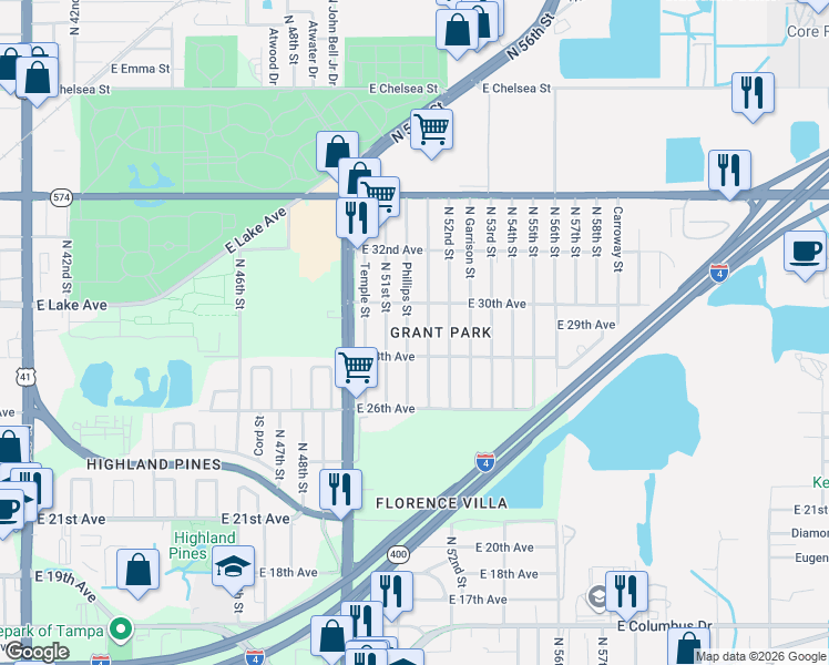 map of restaurants, bars, coffee shops, grocery stores, and more near 3606 Phillips Street in Tampa