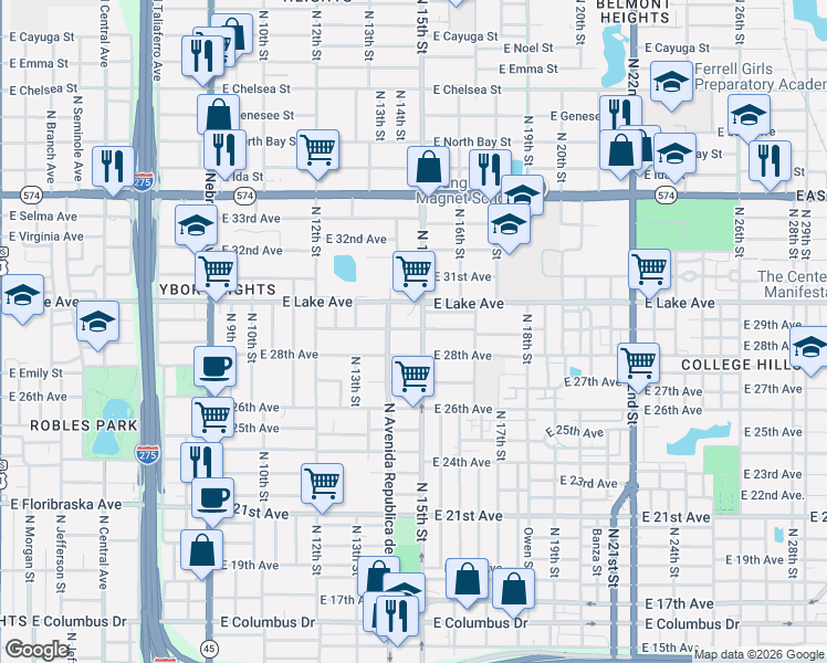 map of restaurants, bars, coffee shops, grocery stores, and more near 3512 North 15th Street in Tampa