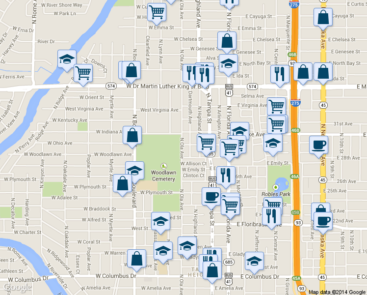 map of restaurants, bars, coffee shops, grocery stores, and more near 3505 North Ola Avenue in Tampa
