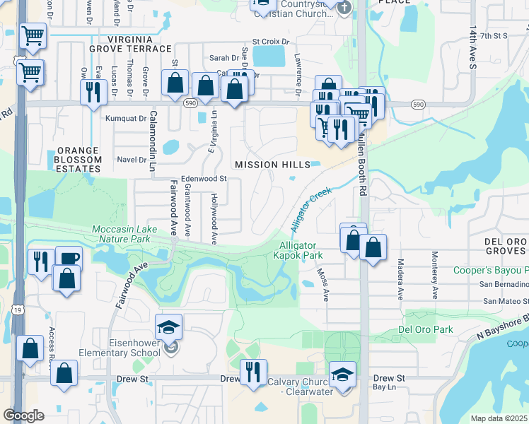 map of restaurants, bars, coffee shops, grocery stores, and more near 1371 Mission Hills Boulevard in Clearwater