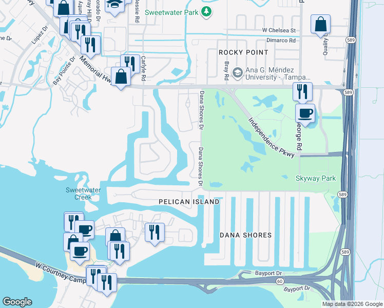 map of restaurants, bars, coffee shops, grocery stores, and more near 4050 Dana Shores Drive in Tampa