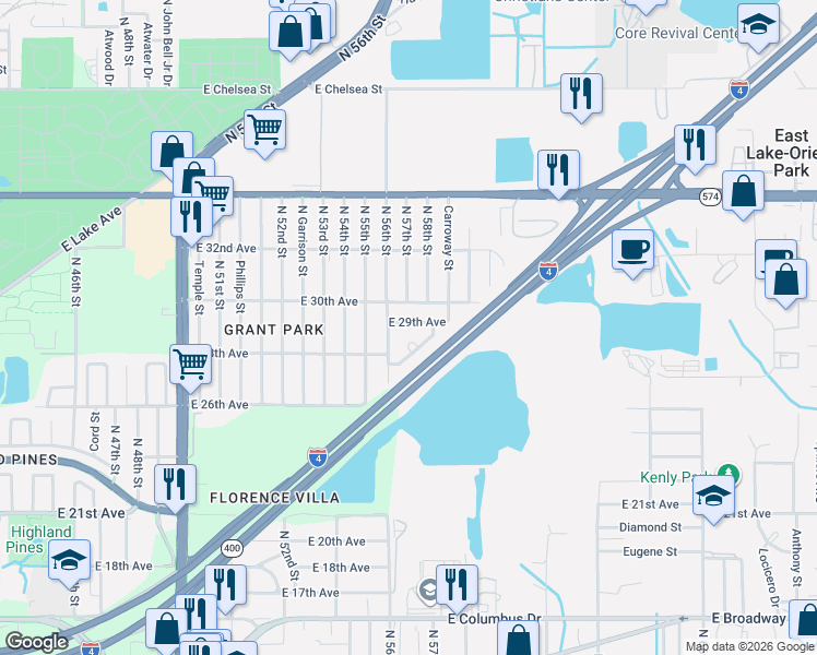 map of restaurants, bars, coffee shops, grocery stores, and more near 3605 North 56th Street in Tampa