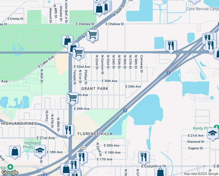 map of restaurants, bars, coffee shops, grocery stores, and more near 3607 North Garrison Street in Tampa