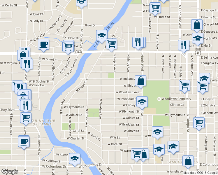 map of restaurants, bars, coffee shops, grocery stores, and more near 915 West Woodlawn Avenue in Tampa