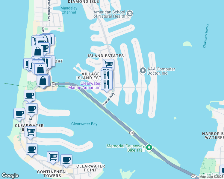 map of restaurants, bars, coffee shops, grocery stores, and more near 20 Island Way in Clearwater