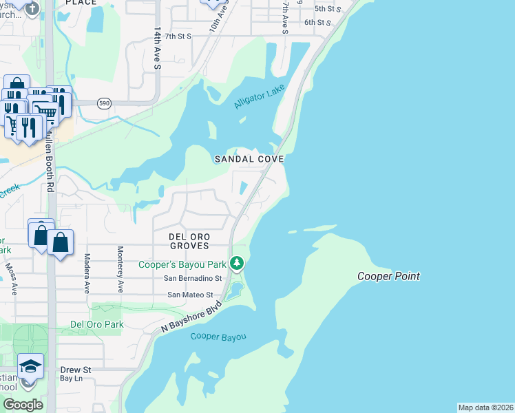 map of restaurants, bars, coffee shops, grocery stores, and more near 1111 North Bayshore Boulevard in Clearwater
