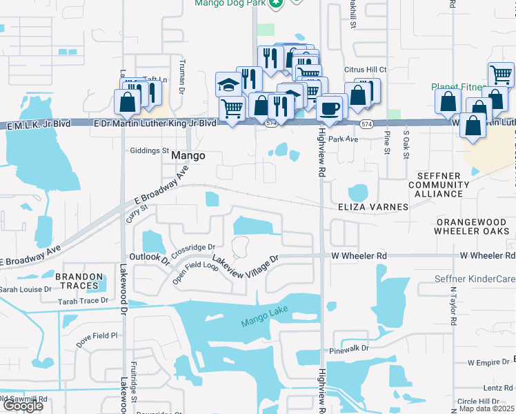 map of restaurants, bars, coffee shops, grocery stores, and more near 1534 Thistledown Drive in Brandon