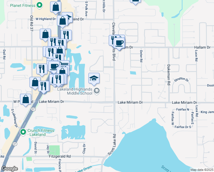 map of restaurants, bars, coffee shops, grocery stores, and more near 4910 Liberty Lane in Lakeland